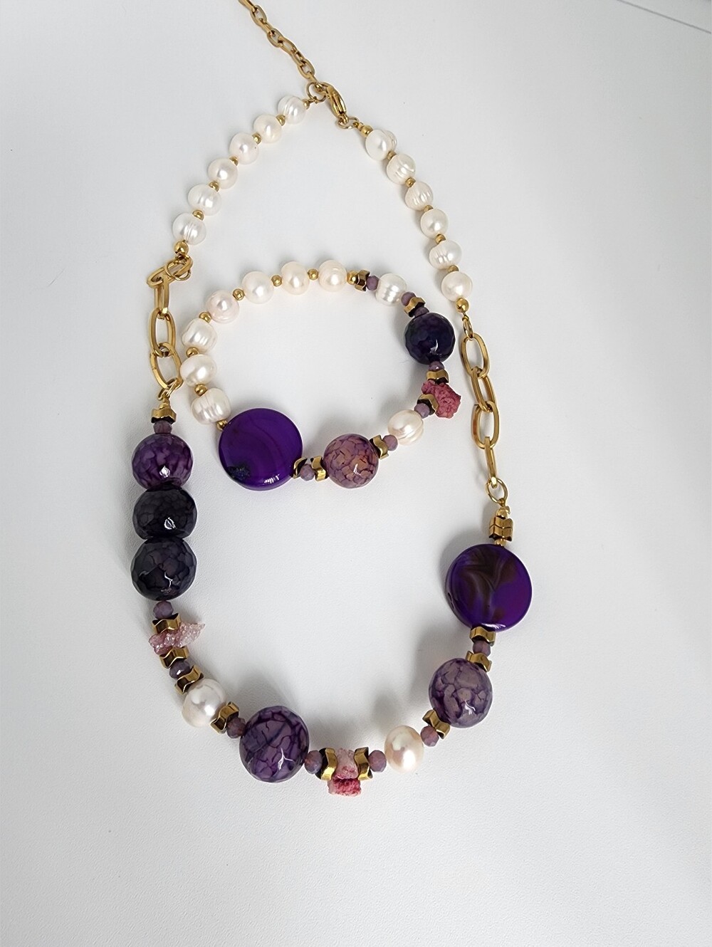 Purple Agate Freshwater Pearl Necklace Bracelet Set Gold Tone Handmade